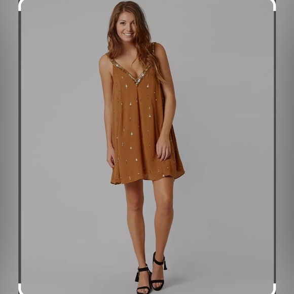 NWT Free People Rising Sun Gold Bejewelled V Neck Slip Dress - Picture 4 of 13